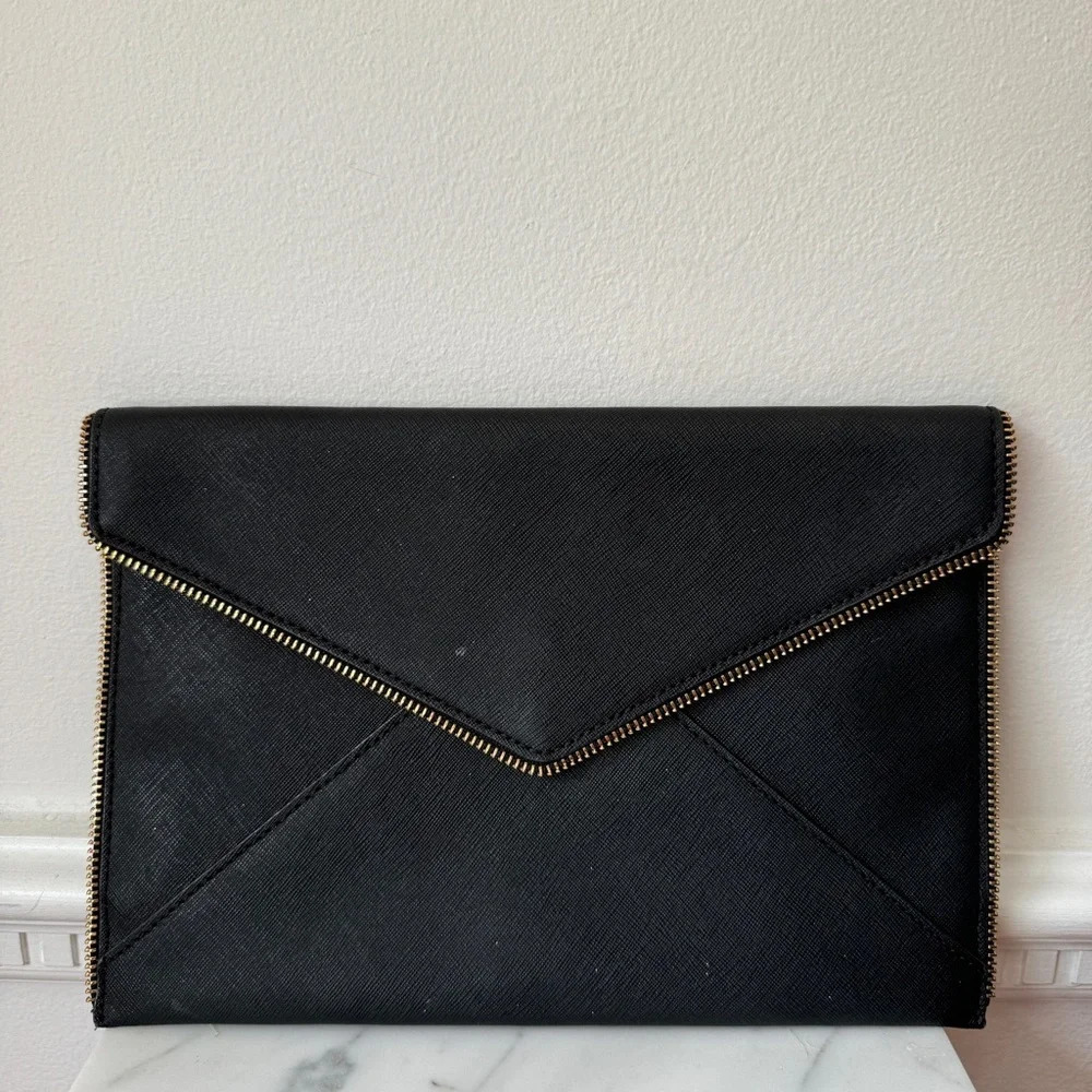 REBECCA MINKOFF Black Leo Saffiano Leather Zipper Detail Clutch Gold Hardware